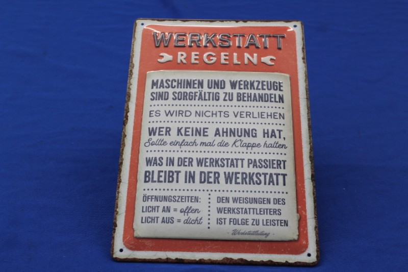ALTOPELHILFE - Tinplate "Workshop Rules", empossed